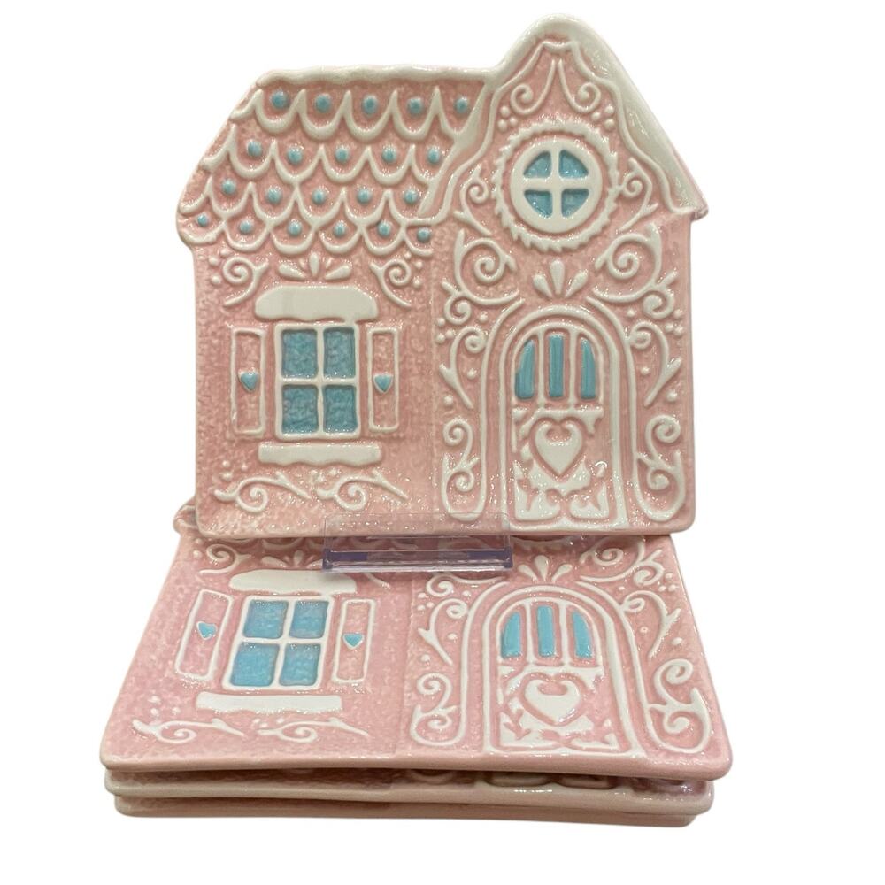 4 Godinger Pastel Pink Gingerbread House 6in Ceramic Appetizer Plates New